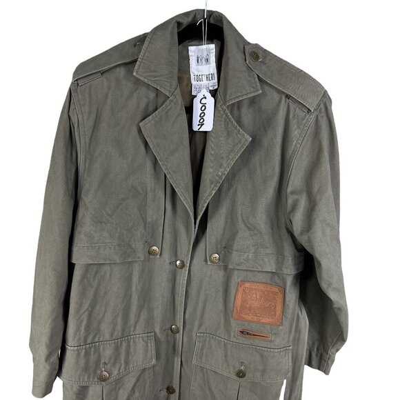 Together Women 8 Military Style Trench Coat Olive Green Leather Trim Grunge Goth - Picture 13 of 16